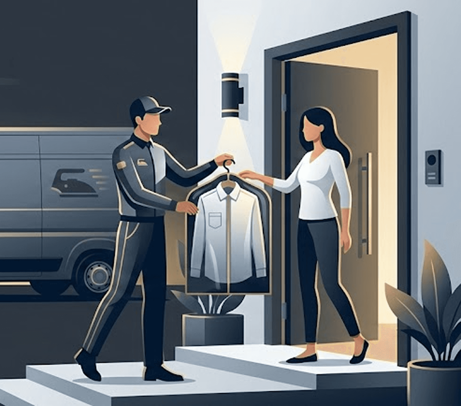 Professional woman in crisp white business shirt smiling confidently in modern office setting with natural lighting