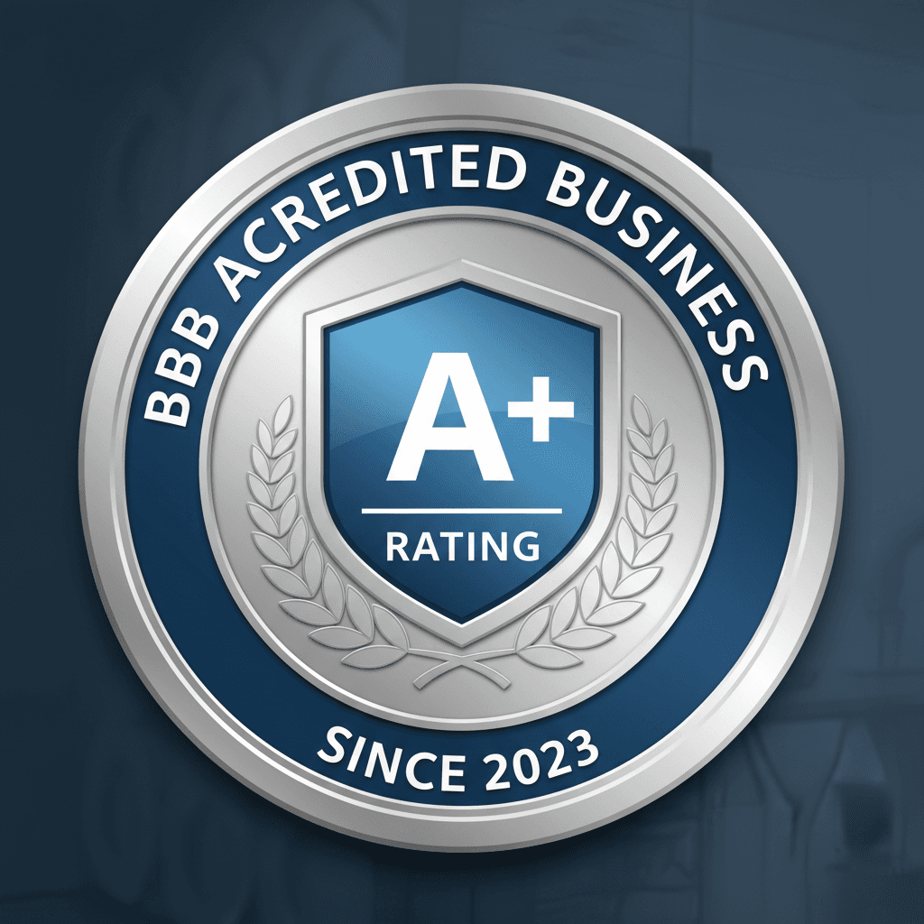 Blue and white BBB accredited business badge with A+ rating