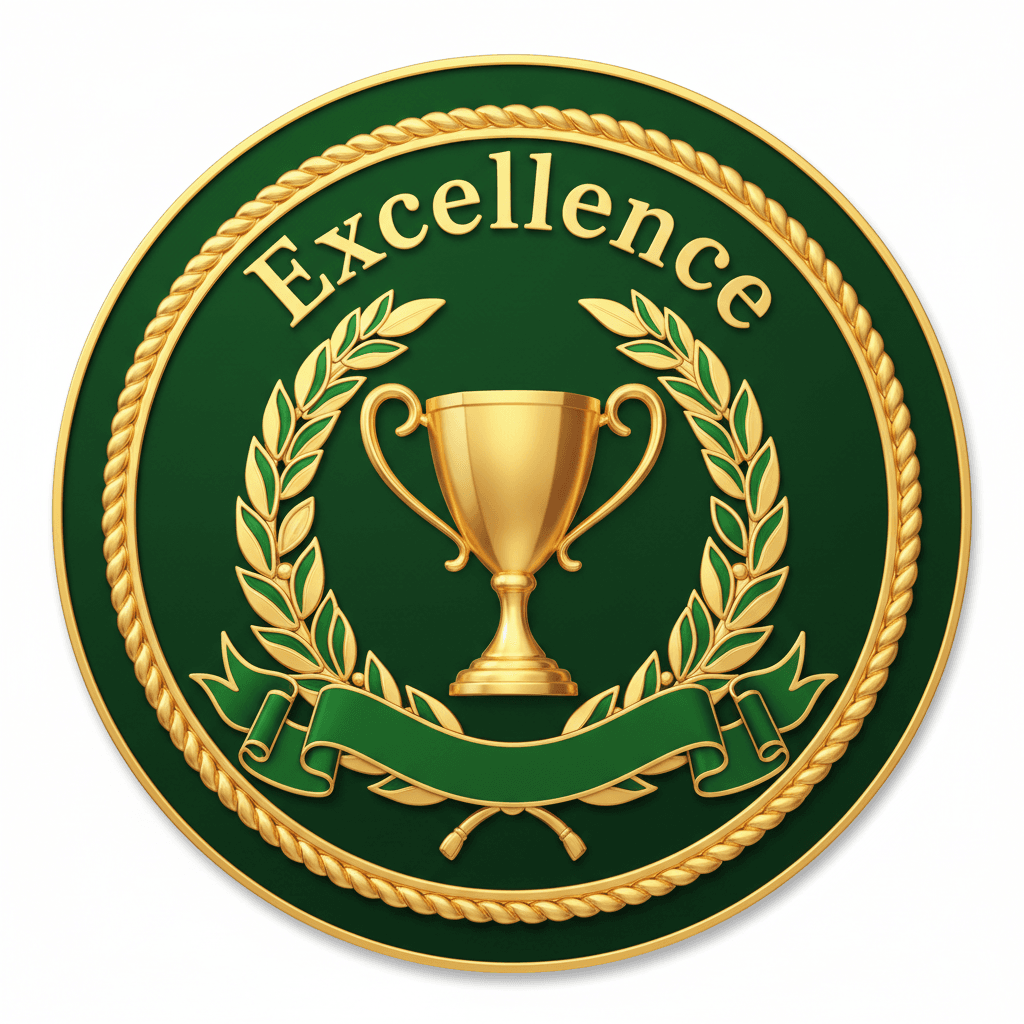 Gold trophy award badge with laurel wreath and excellence ribbon