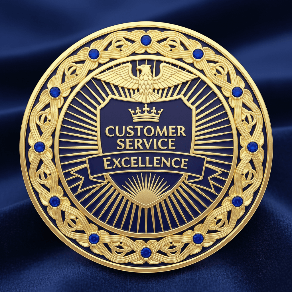 Red and gold customer service excellence award badge with heart symbol